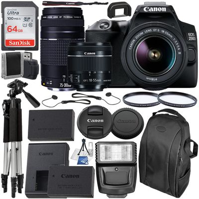 Canon EOS 250D (Rebel SL3) DSLR Camera with 18-55mm & 75-300mm Canon Lenses + 64GB Card, Tripod, Flash, and More (20pc Bundle) Black compact (Renewed)
