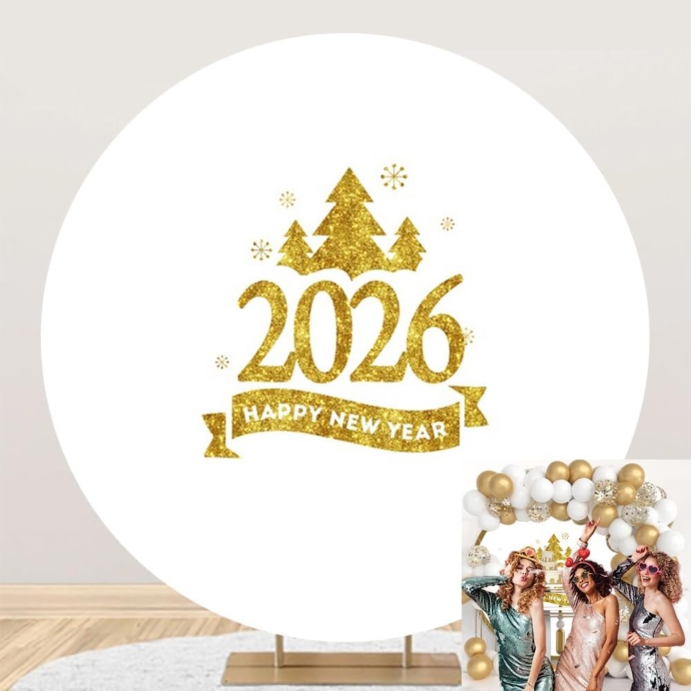 OERJU 2026 Happy New Year Round Backdrop Cover New Years Eve Photo Backdrop White and Gold Christmas New Year Festival Celebration Party Decoration Circle Background Photography Studio Prop 5ft
