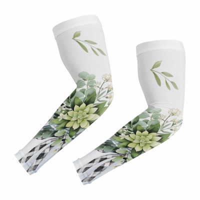 Eucalyptus Leaves Cooling Arm Sleeves for Women, Green Botanical Watercolor Black Plaid Spring Arm Sleeves Covers, (M)