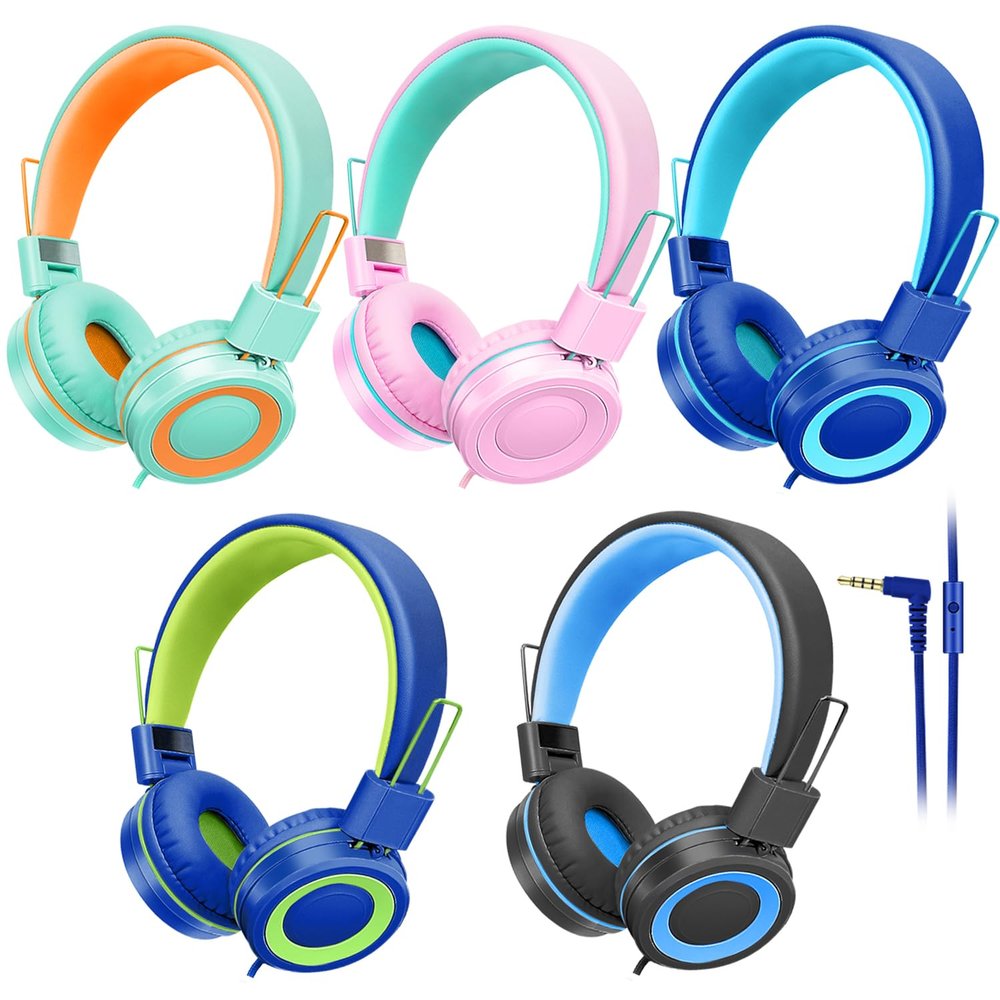 CN-Outlet 5 Pack Kids Headphones Bulk for School Classroom Students Teens Toddler, Wired Adjustable Headsets for Libraries Families Childern and Adults (Mixed Colors with MIC)