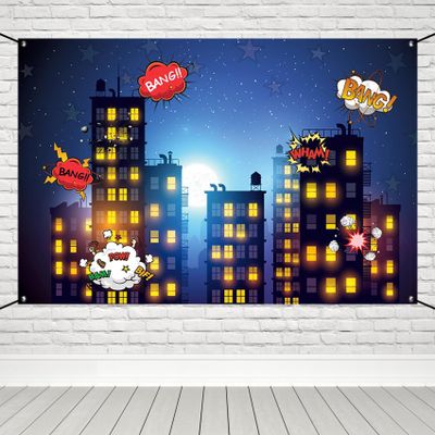 Renaiss 6x3.6ft Superhero Themed Banner Supercity Skyline Kids Party Decoration Supplies Skyscrapers City Night Starlit Sky Background City Bang Comic Con Decor Boy Girl Birthday Party Yard Sign