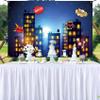 Renaiss 6x3.6ft Superhero Themed Banner Supercity Skyline Kids Party Decoration Supplies Skyscrapers City Night Starlit Sky Background City Bang Comic Con Decor Boy Girl Birthday Party Yard Sign view 4