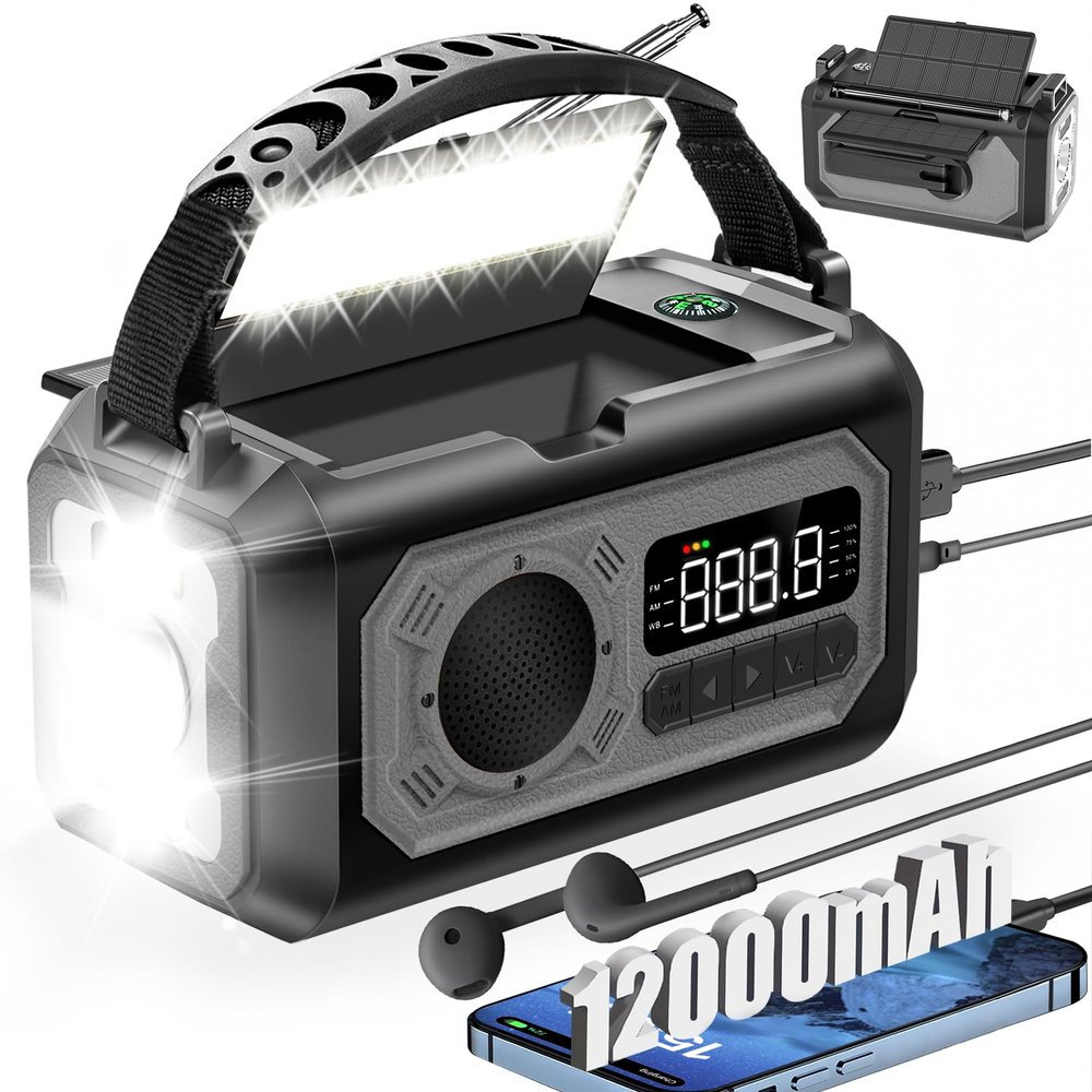 12000mAh Emergency Weather Radio, Hand Crank Solar Radio Portable AM/FM/NOAA Radio with 2 Solar Panels 3 Charging Methods SOS Alarm 3 Mode Flashlight Phone Charger Compass Reading Lamp