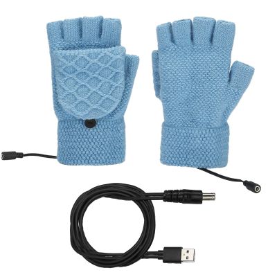 USB Heated Gloves for Women & Men, Double Sided Heating Winter Warm Laptop Gloves with 3 Temperature Levels, Removable Full & Half Hands Heating Fingerless Knitting Hands Warmer for(blue with switch)