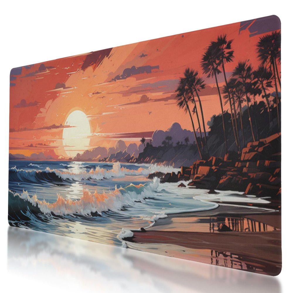 Stitched Edge, Non-Slip Rubber Base Beach Sunset Printed Mouse Pad 35.5 x 16 Inch, Ideal for Gamers & Office Work