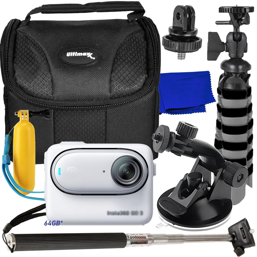 Insta360 GO 3 Ultimaxx Essential Action Camera Bundle (64GB) - Includes: 1/4 Screw Adapter for Action Cam Mounts, Selfie-Stick, Mini Gripster Tripod, Mini Suction Cup Mount & More (14pc Bundle)