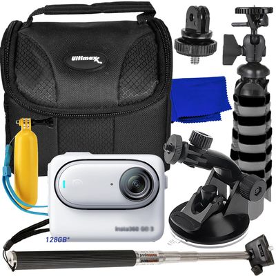 Insta360 GO 3 Ultimaxx Essential Action Camera Bundle (128GB) - Includes: 1/4 Screw Adapter for Action Cam Mounts, Selfie-Stick, Mini Suction Cup Mount, Mini Gripster Tripod & More (14pc Bundle)