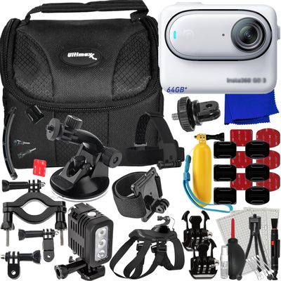 Insta360 GO 3 Ultimaxx Deluxe Action Camera Bundle (64GB) - Includes: 1/4 Screw Adapter for Action Cam Mounts, Extension Arm Helmet Mount Kit, Action Cam Mount Pet Harness & Much More (32pc Bundle)
