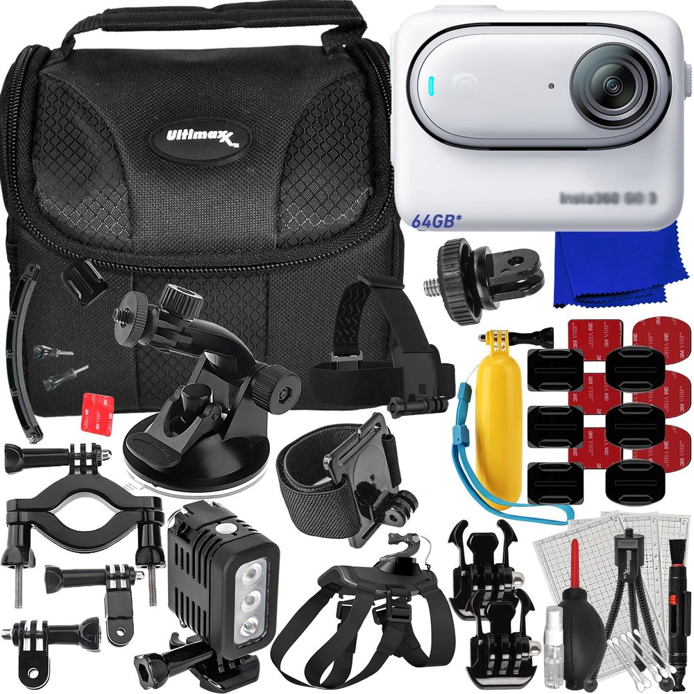 Insta360 GO 3 Ultimaxx Deluxe Action Camera Bundle (64GB) - Includes: 1/4 Screw Adapter for Action Cam Mounts, Extension Arm Helmet Mount Kit, Action Cam Mount Pet Harness & Much More (32pc Bundle)