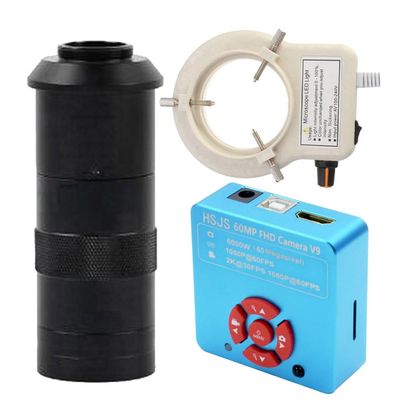 60MP 2K 1080P HDMI USB Industrial Electronic Digital Video Microscope Camera & 100X C-Mount Lens Whit 56-LED Adjustable Ring Light - Blue