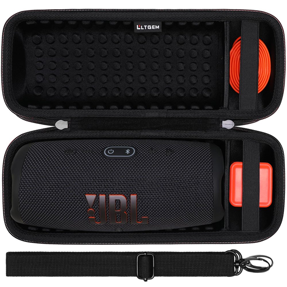 LTGEM Case for JBL Charge 4/JBL Charge 5 Speaker Carrying Case Hard Storage Travel Protective Bag Fits Charger and USB Cable (Lycra Black with Shoulder Strap)
