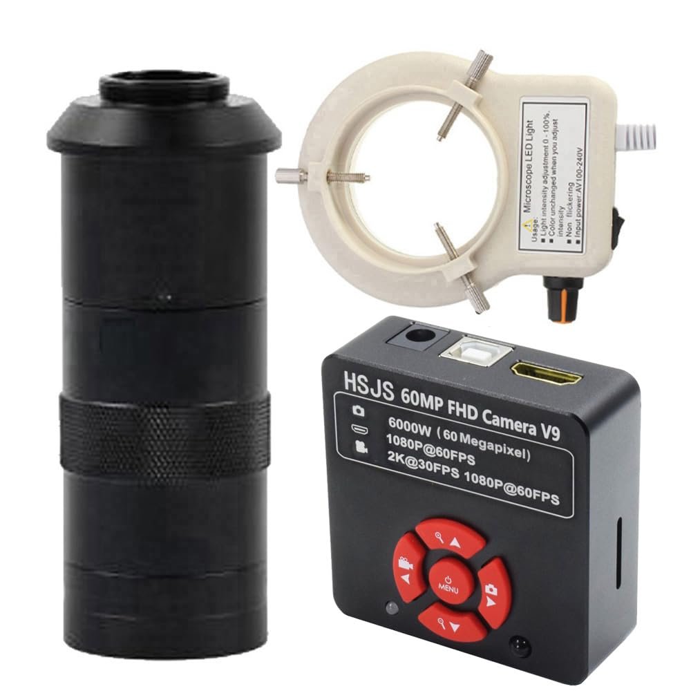 60MP 2K HDMI USB Industrial Electronic Digital Video Microscope Camera & 100X C-Mount Lens Whit 56-LED Adjustable Ring Light