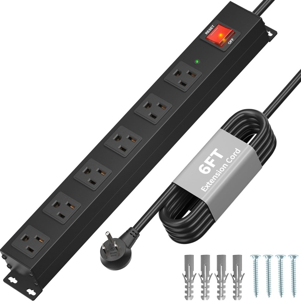 KF Matel 6 Outlet Power Strip Surge Protection 2100J,Heavy Duty Wide Space Power Strip with Flat Plug/Upgraded Switch,15A/1875W/14AWG 6FT Extension Cord in Home,Garage,Shop