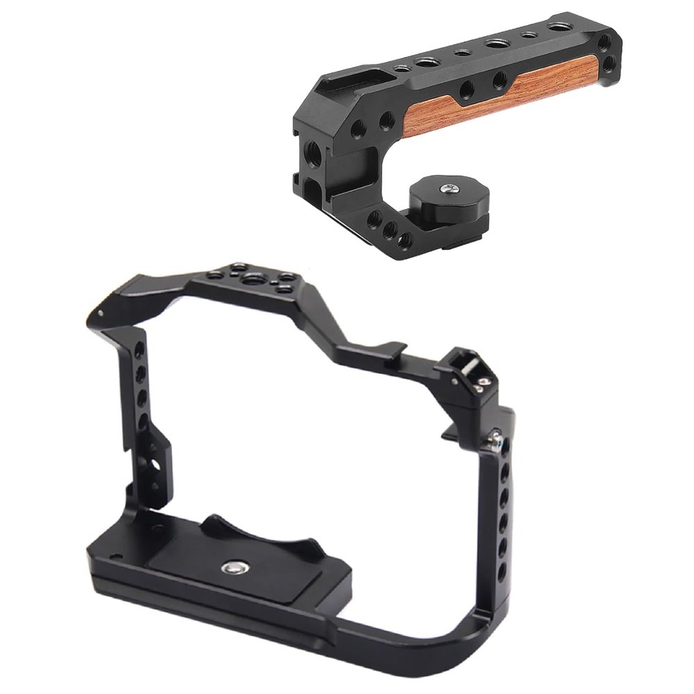 FEICHAO Camera Cage Cold Shoe Mount Housing Case 3/8" 1/4" Hole Top Handle Grip Compatible with EOS R8 Camera (Cage+Handle Grip)