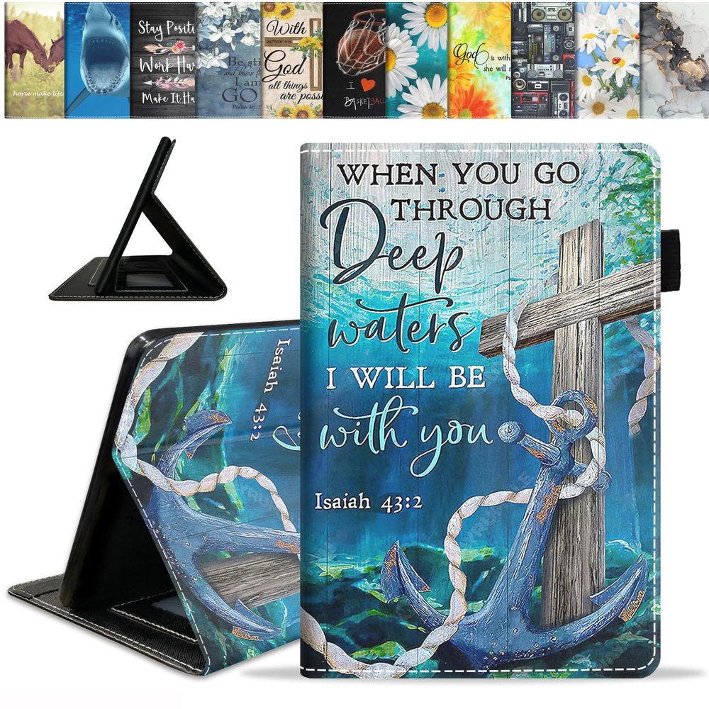 BWOOLL Case for All-New Amazon Fire Max 11 Tablet (13th Generation, 2023 Release), Slim Lightweight PU Leather Stand Case with Auto Wake/Sleep, Christian Cross and Anchor Quote Bible Verse Isaiah 43:2
