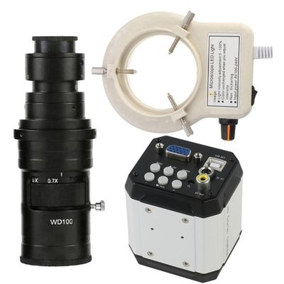 3 In 1 AV USB VGA Industrial Electronic Digital Microscope Camera & 200X C-Mount Lens Whit 56-LED Adjustable Ring Light For PCB Soldering Repair