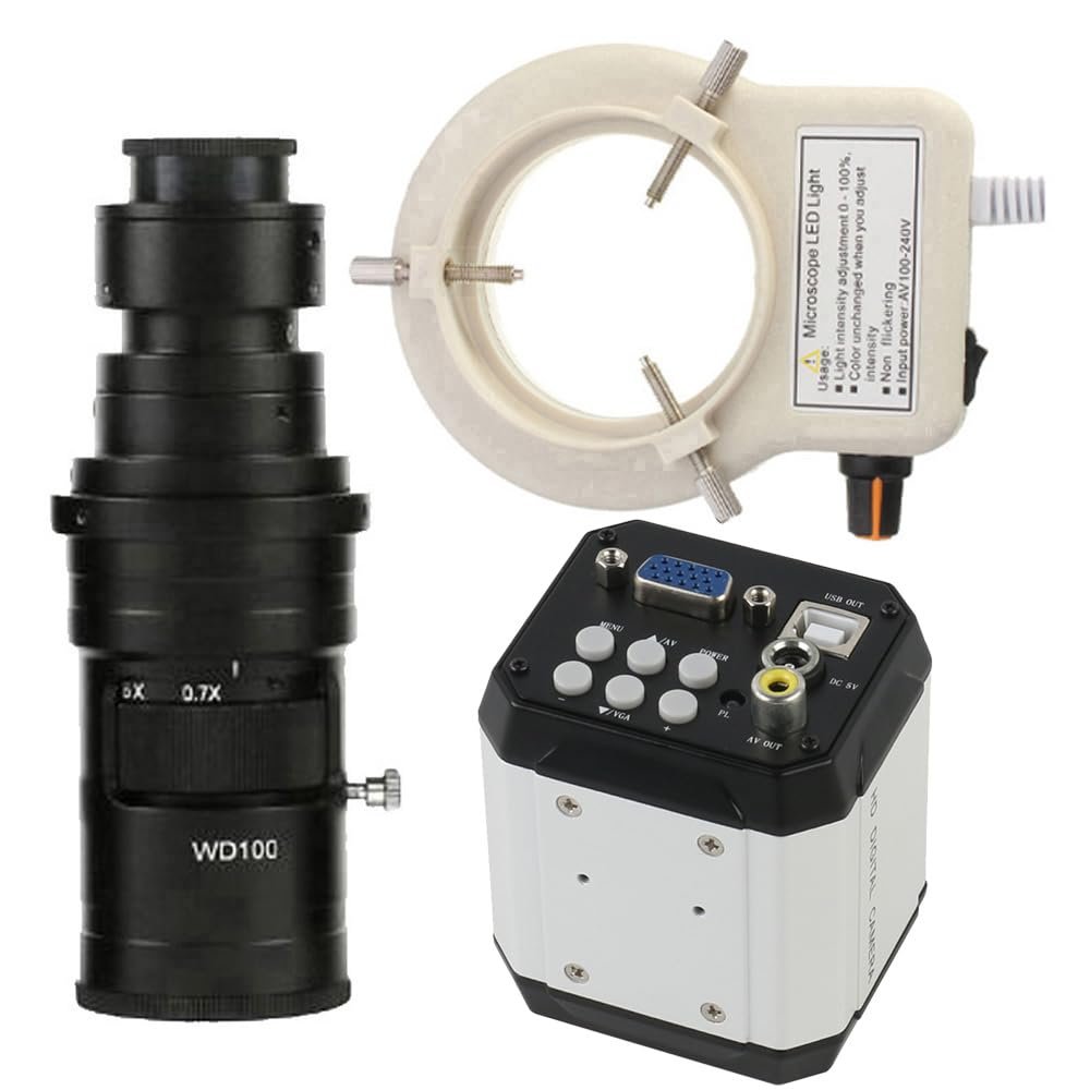 3 In 1 AV USB VGA Industrial Electronic Digital Microscope Camera & 200X C-Mount Lens Whit 56-LED Adjustable Ring Light For PCB Soldering Repair