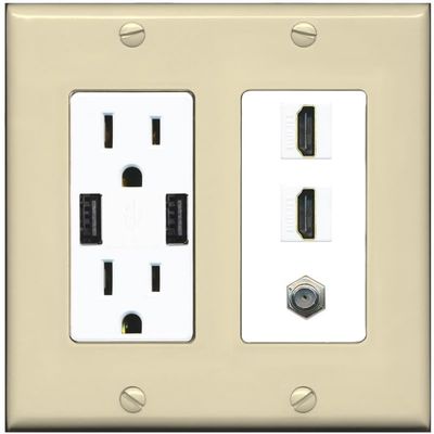 Coax 2 HDMI Wall Plate-USB Charger Ivory/White