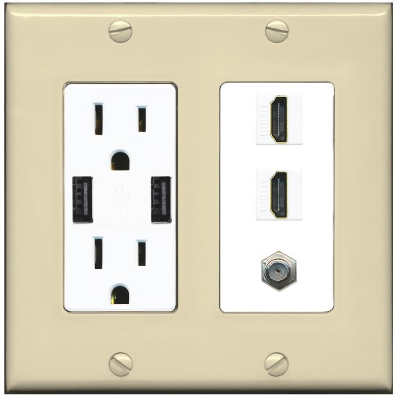 Coax 2 HDMI Wall Plate-USB Charger Ivory/White