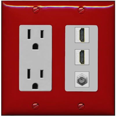 Coax 2 HDMI Wall Plate-Outlet Red/Gray