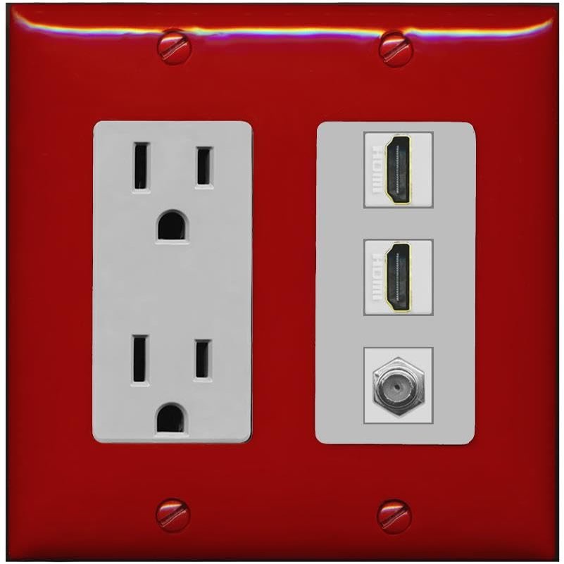 Coax 2 HDMI Wall Plate-Outlet Red/Gray