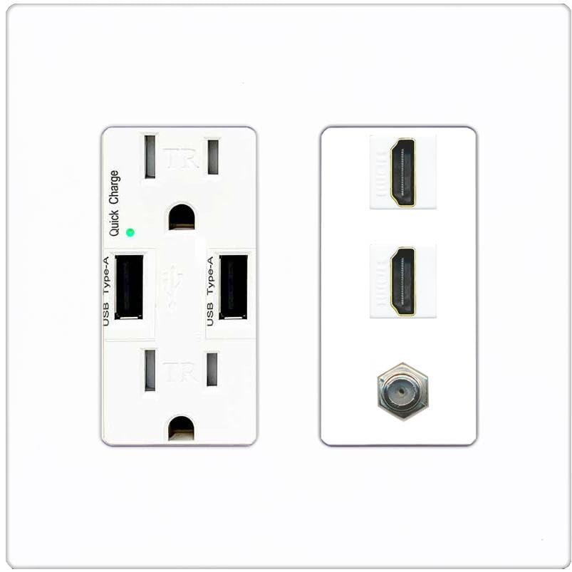 Coax 2 HDMI Wall Plate-USB Charger Screwless White