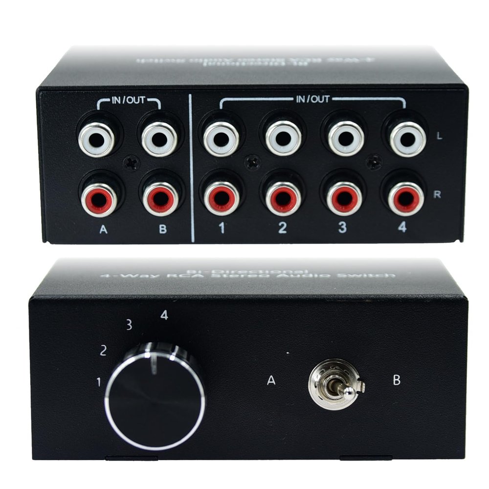 Bi-Directional No External Power No Noise 4 Way 2 in 4 Out or 4 in 2 Out Audio Sound selector RCA Female Stereo 4 Channel Splitter switcher Box Switching