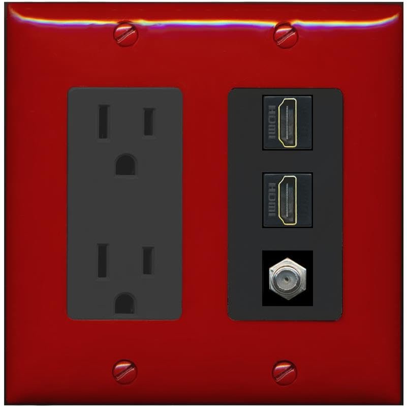 Coax 2 HDMI Wall Plate-Outlet Red/Black