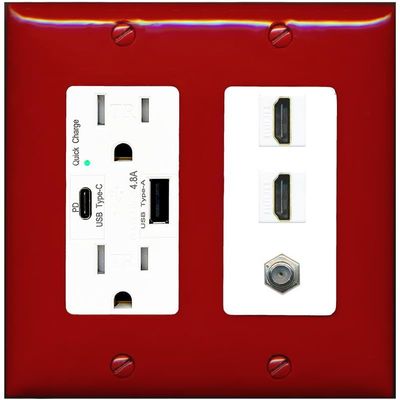 Coax 2 HDMI Wall Plate-USB A+C Charger Red/White