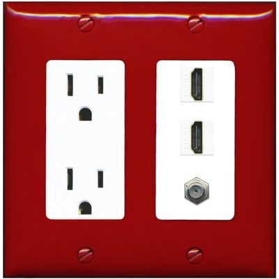 Coax 2 HDMI Wall Plate-Outlet Red/White