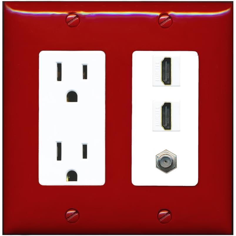 Coax 2 HDMI Wall Plate-Outlet Red/White