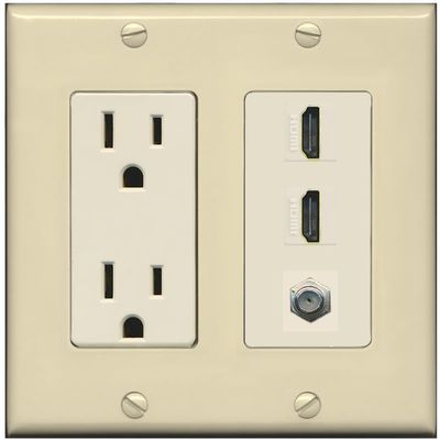 Coax 2 HDMI Wall Plate-Outlet Ivory/Light-Almond
