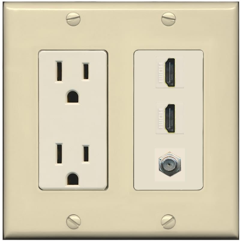 Coax 2 HDMI Wall Plate-Outlet Ivory/Light-Almond