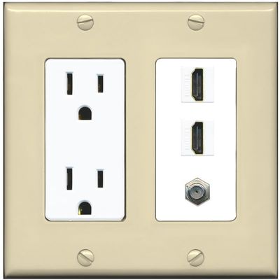 Coax 2 HDMI Wall Plate-Outlet Ivory/White