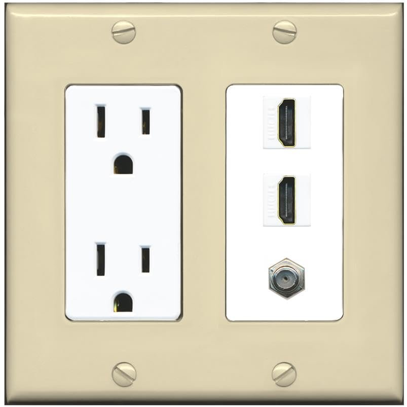 Coax 2 HDMI Wall Plate-Outlet Ivory/White