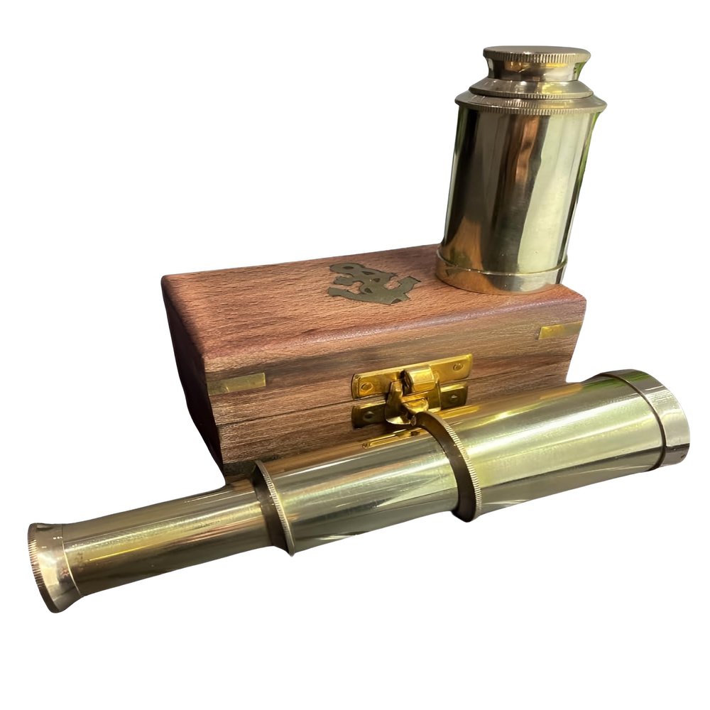 Metalarto Nautical Brass Spyglass Telescope with Brass Inlaid Anchor Wooden Box - Vintage Maritime Exploration in a Box