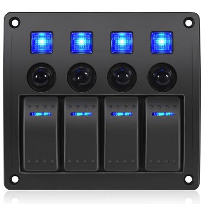 GGTA 4 Gang Boat Switch Panel Waterproof,Marine Switch Panel with Breakers,12V/24volt Rocker Switch Panel 12V/24volt On/Off Blue LED Light with Circuit Breaker 4gang10A for Car RV UTV Truck