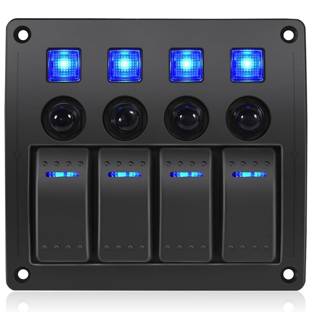 GGTA 4 Gang Boat Switch Panel Waterproof,Marine Switch Panel with Breakers,12V/24volt Rocker Switch Panel 12V/24volt On/Off Blue LED Light with Circuit Breaker 4gang10A for Car RV UTV Truck