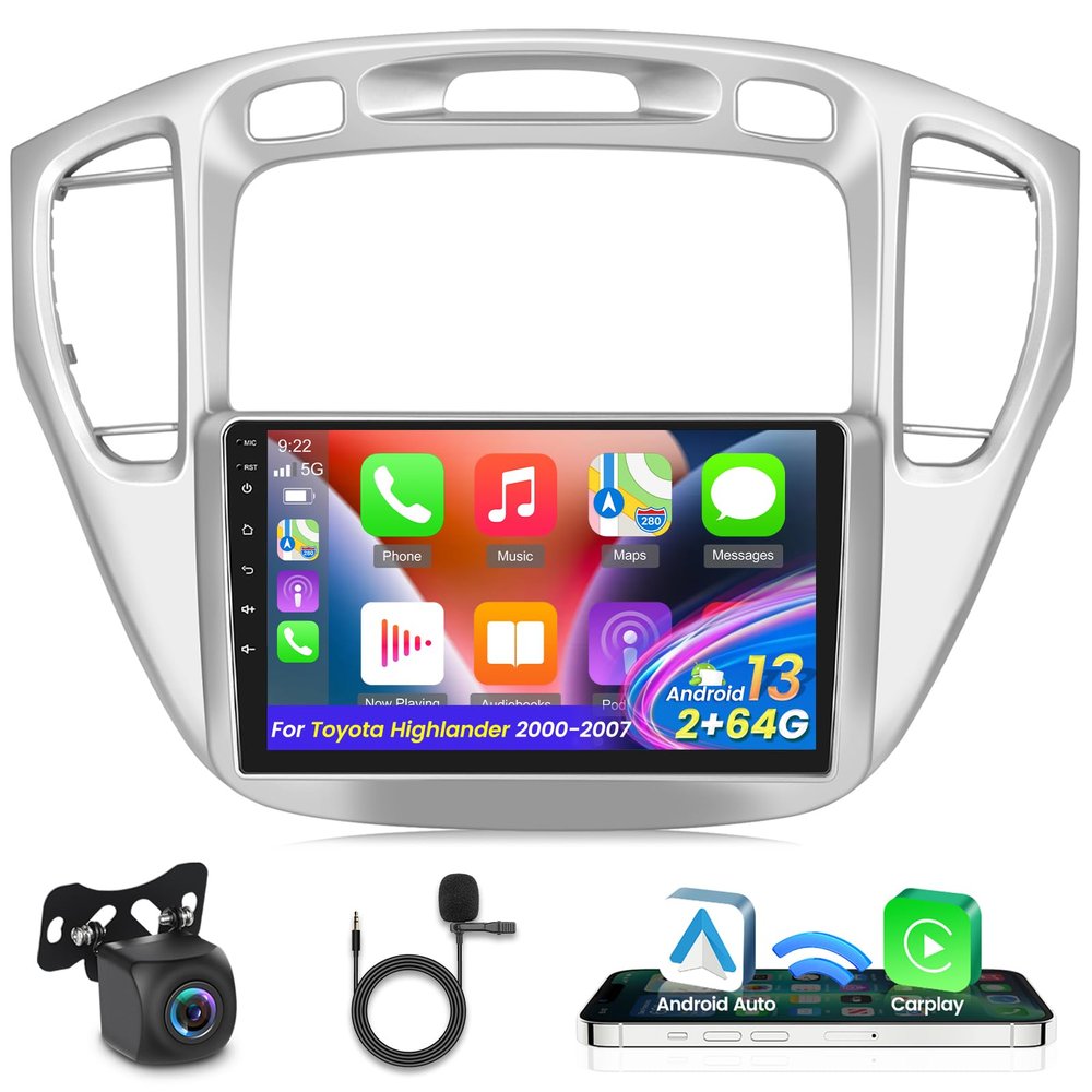 Android Car Stereo for Toyota Highlander 2000-2007 - Carplay and Android Auto - 9inch Touch Screen Car Radio - GPS Navigation WiFi SWC Multiple UI + AHD Backup Camera 2+64G