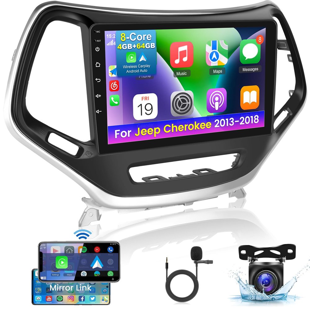 [8 Core 4+64G] Car Radio for Jeep Cherokee 2013-2018 with Wireless Carplay and Android Auto - 10.1 Inch IPS 1280 * 720 Touchscreen Android Car Stereo - DSP 32 EQ/WiFi/GPS + AHD Backup Camera