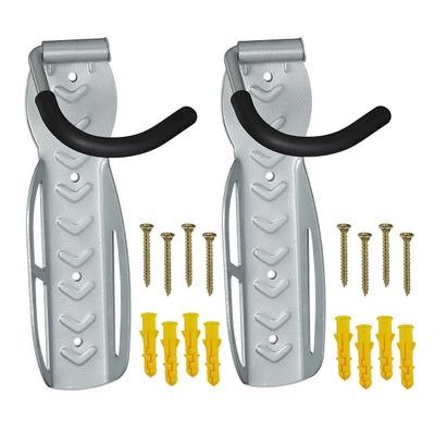 Relaxdays Bike Rack, Wall Mount, Set of 2, Bicycle Bracket for up to 25 kg, Vertical Suspension, Garage, Steel, Silver, 26 x 11 x 14 cm