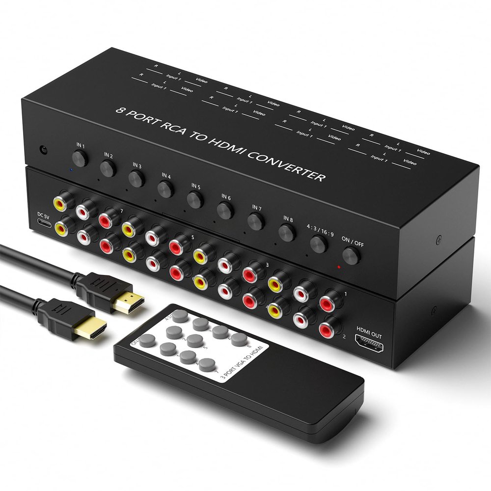Y.D.F 8 Port RCA to HDMI Converter 8 Way RCA Composite CVBS AV Switch to HDMI Converter Adapter Support 4:3/16:9 Switching, for Sega Xbox PS1 PS2 PS3 N64 NGC SNES WII VHS VCR Camera DVD