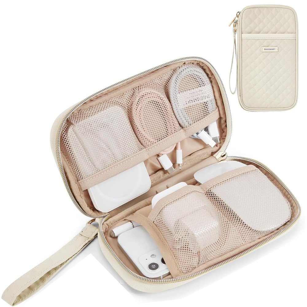 BAGSMART Cord Organizer Travel Cable Organizer Bag Tech Electronic Organizer Travel Case, Travel Essentials for Charger, Cable, Phone, Flash drive, Single Layer - Beige