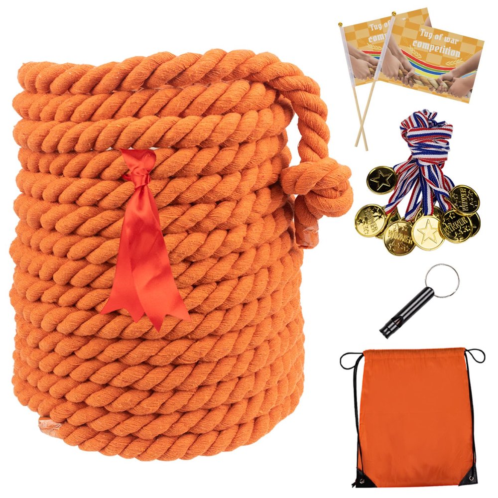 40FT Tug of War Rope,Tug a War Rope,Tug of War Rope Adult with Cotton Rope,10 Medals,2 Flags,Whistle,Ribbon and Storage Bag,Orange ,Field Day Games,Outdoor Games,Family Reunion and Team Building Games