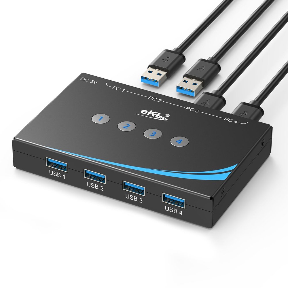 eKL USB 3.0 Switch 4 Computers Share 4 USB 3.0 Ports USB Switcher for PC Laptop Mouse Keyboard Scanner Printer One Button Switch with 3.5mm Headphone Jack and 4 Pack Cables