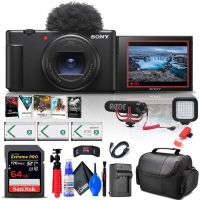 Sony ZV-1 II Vlog Camera for Content Creators and Vloggers (Black) (ZV-1M2/B) + Pro Mic + 64GB Card + Corel Photo Software + 2 x NP-BX1 Battery + Card Reader + LED Light + Soft Bag + More (Renewed)