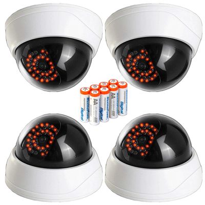 MaximalPower Imitation CCTV Security Dummy Dome Camera with Red LED Light for Home, Shop, Business, etc. - Indoor Outdoor Usage (4 Pack & 8 PC AA Battery)