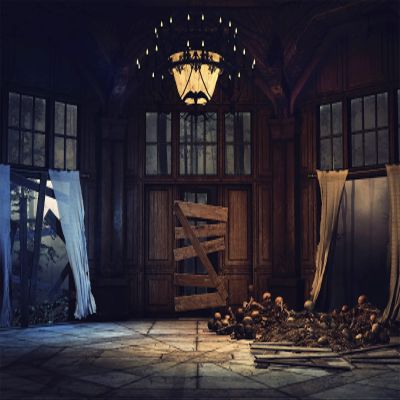 BELECO 15x10ft Fabric Ruined Mansion Halloween Photography Backdrop Scary Haunted House with Bones and Skulls Dark Misty Forest Background for Halloween Theme Party Decorations Photo Studio Props