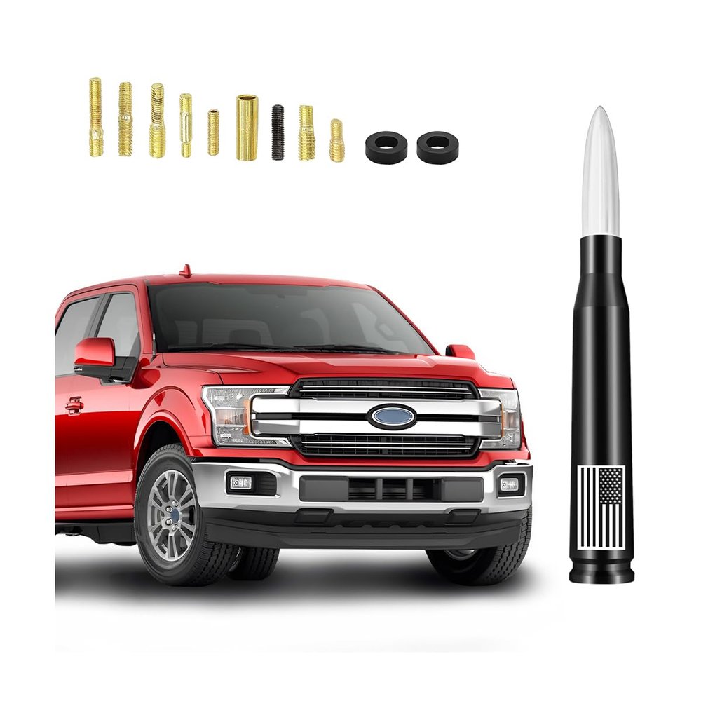BESULEN American Flag Car Antenna, 5.5 Inch AM/FM Radio Short Antenna with 9 Screws Adapter & 2 Rubber Rings, Universal Aluminum Antenna, Auto Replacement Accessories for Pickup Truck SUV (Silver)