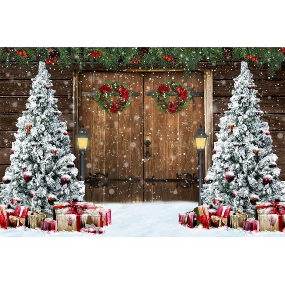 Leowefowa Christmas Barn Wooden Door Backdrop Winter Xmas Tree Wreath Decors Photography Background 5x3ft Kids Adult Family Supplies Banner Party Holiday New Year Christmas Eve Photo Studio Props
